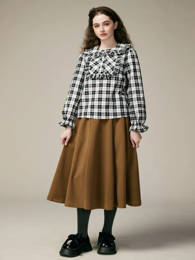 Black & White Check Ruffle Cotton Blouse【s0000000886】