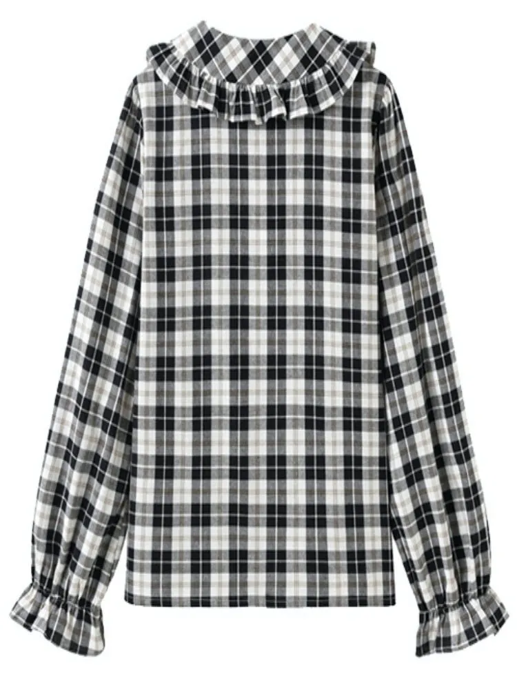 Black & White Check Ruffle Cotton Blouse【s0000000886】