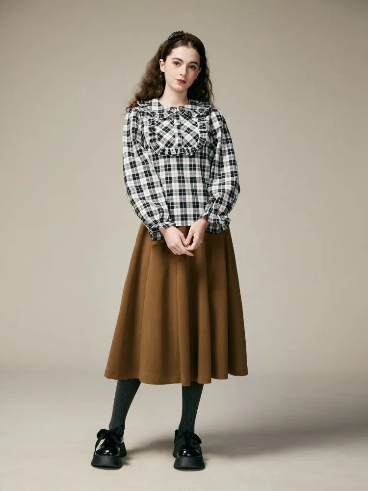 Black & White Check Ruffle Cotton Blouse【s0000000886】