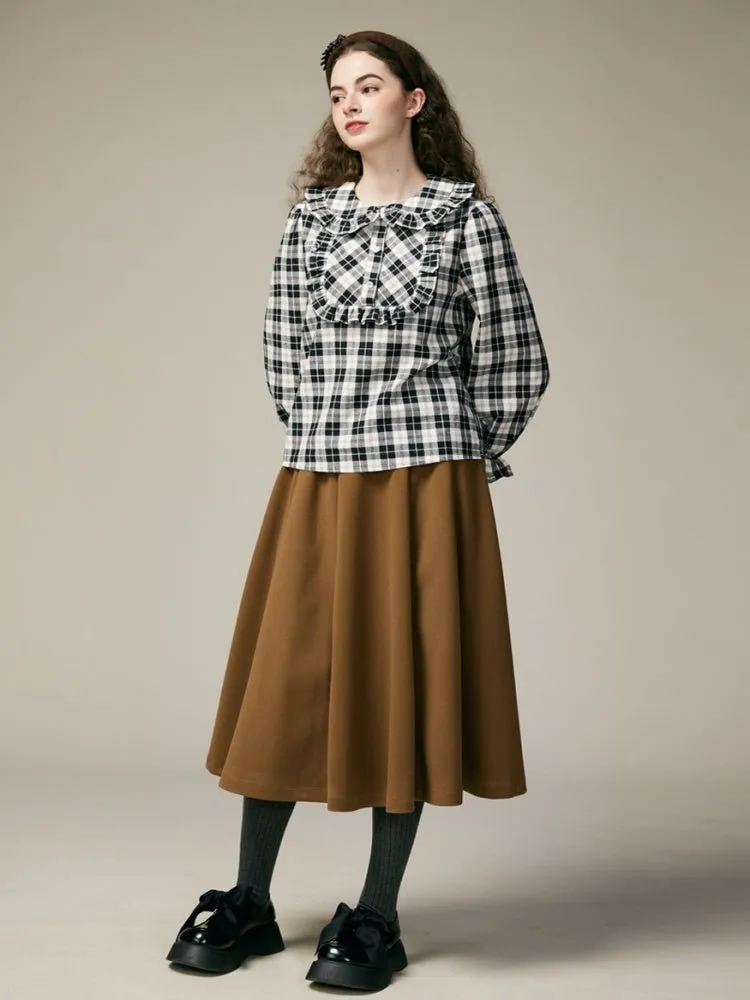 Black & White Check Ruffle Cotton Blouse【s0000000886】