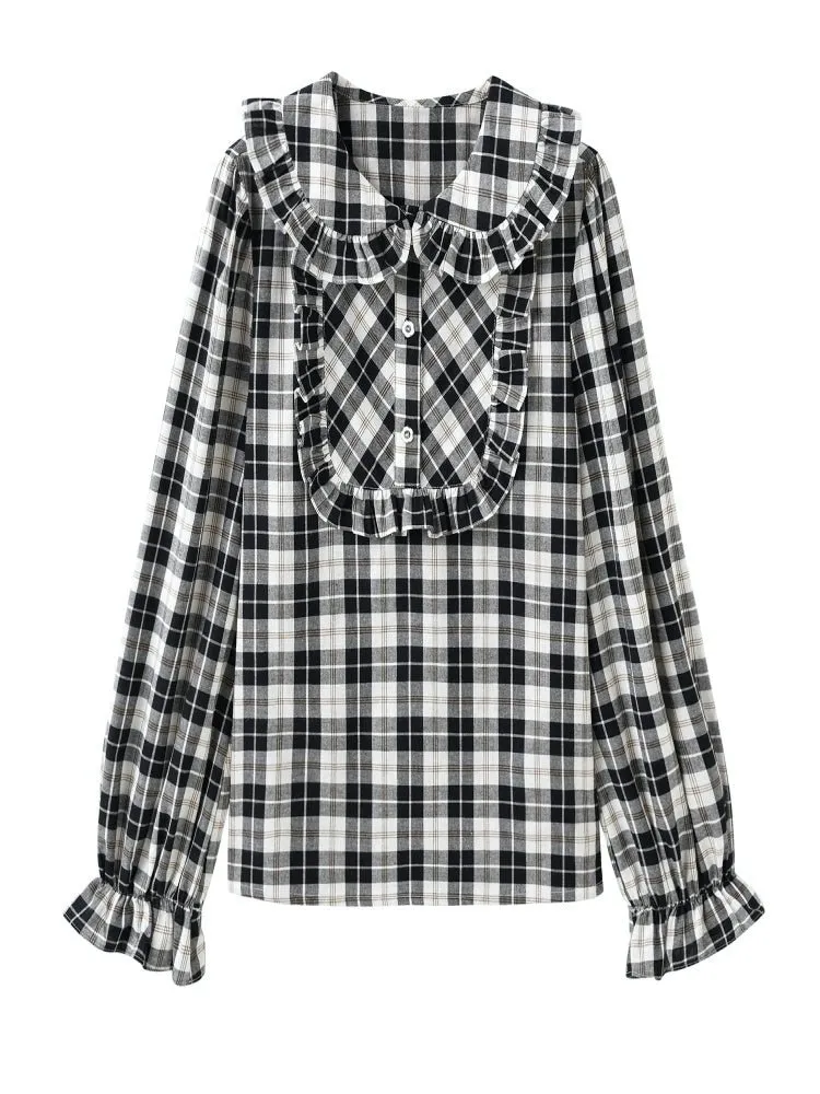 Black & White Check Ruffle Cotton Blouse【s0000000886】