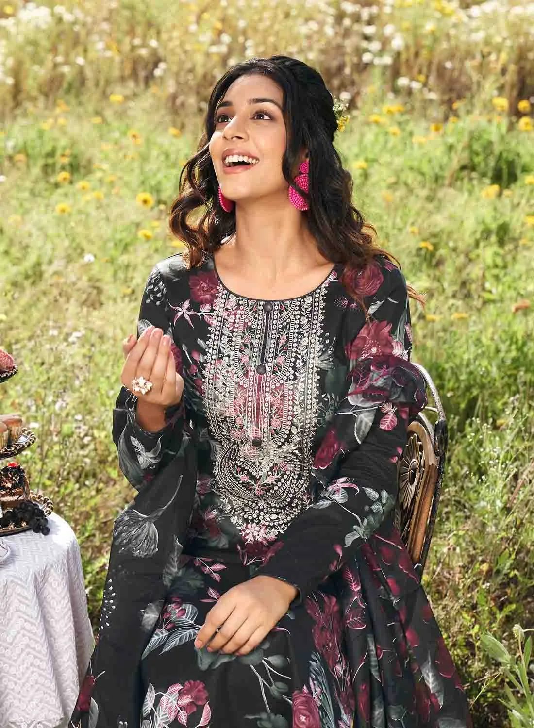 Black Pure Lawn Cotton Unstitched Salwar Suit Material for Ladies