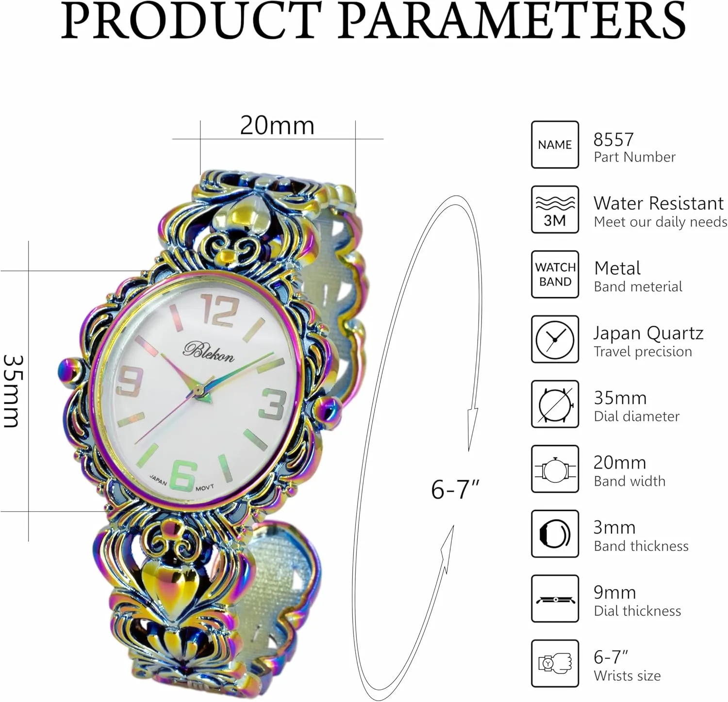 Blekon Collections Japanese Quartz Women's 35mm Case Egyptian Style Concho Cuff Bangle Watch