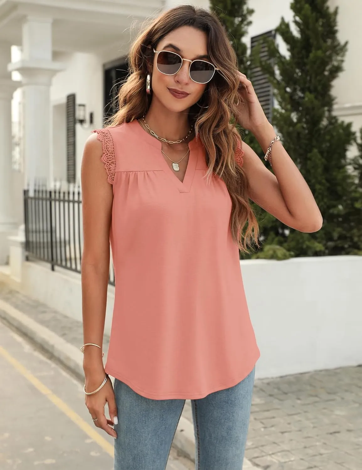 Blingfit Women's V Neck Guipure Lace Tank Tops Sleeveless Dressy Blouses Summer Casual Solid/Floral Tunic Shirts
