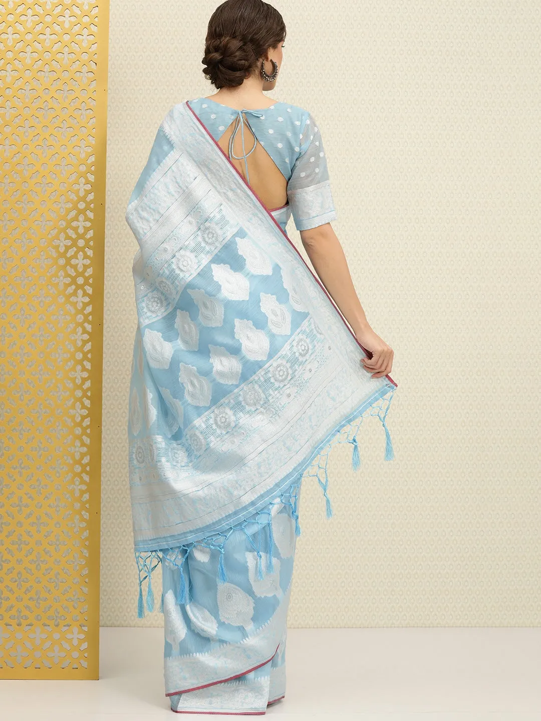 Blue & Off White Ethnic Motifs Rozana Saree