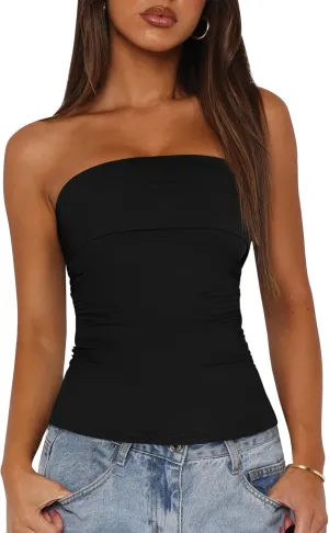 BTFBM Womens Strapless Tube Tops Summer Spring Clothes 2025 Trendy Casual Ruched Stretchy Going Out Bodycon Bandeau Top