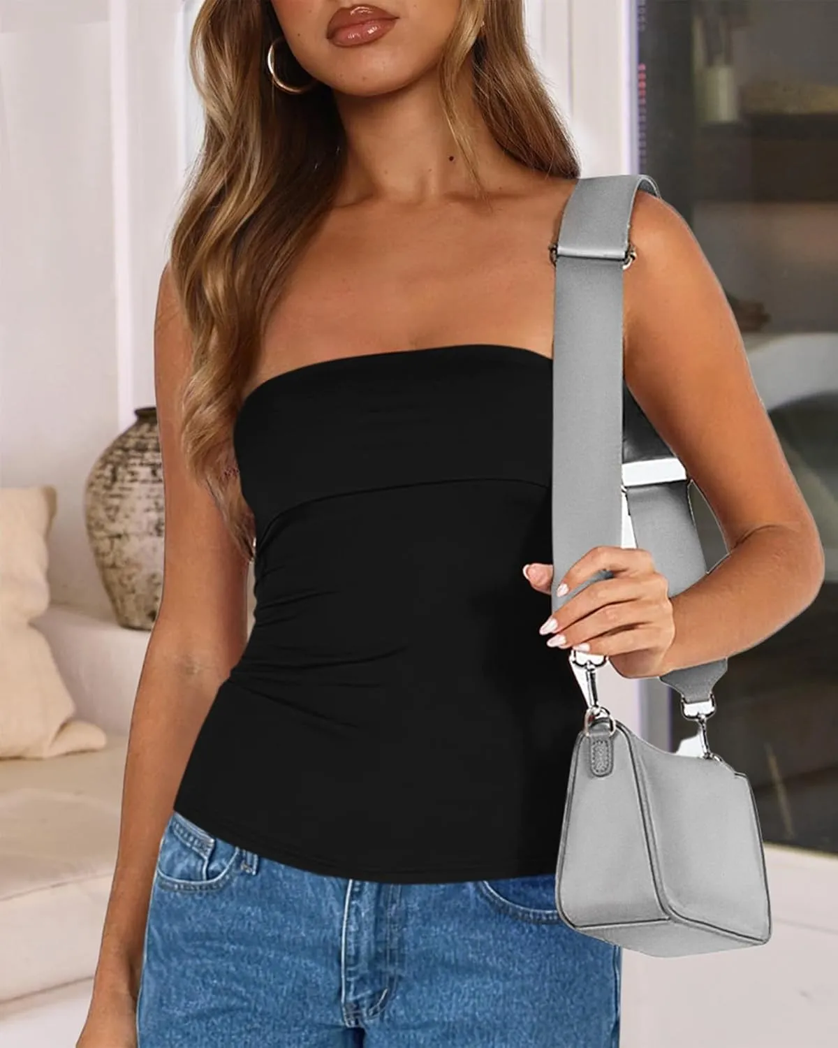 BTFBM Womens Strapless Tube Tops Summer Spring Clothes 2025 Trendy Casual Ruched Stretchy Going Out Bodycon Bandeau Top