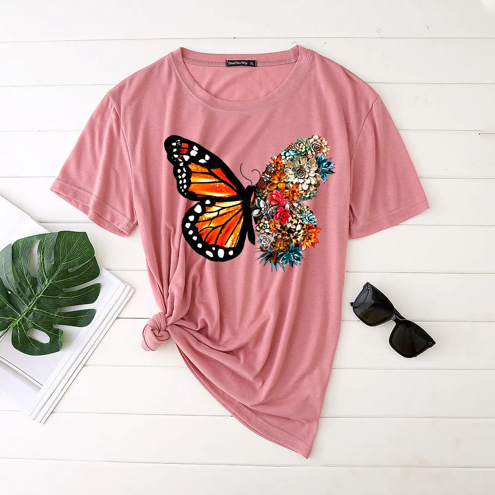 Butterfly print short-sleeved round neck fashion casual loose T-shirt