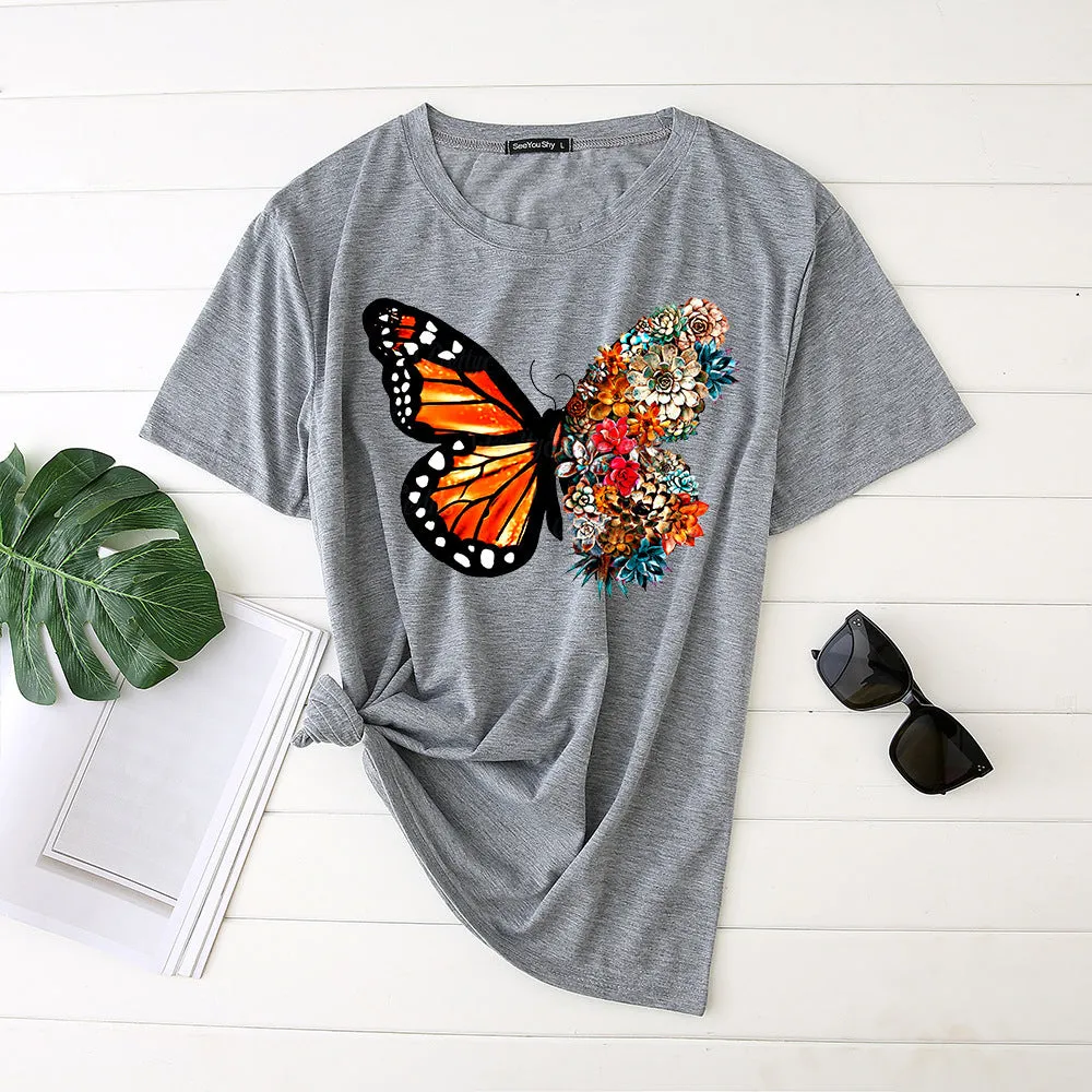 Butterfly print short-sleeved round neck fashion casual loose T-shirt