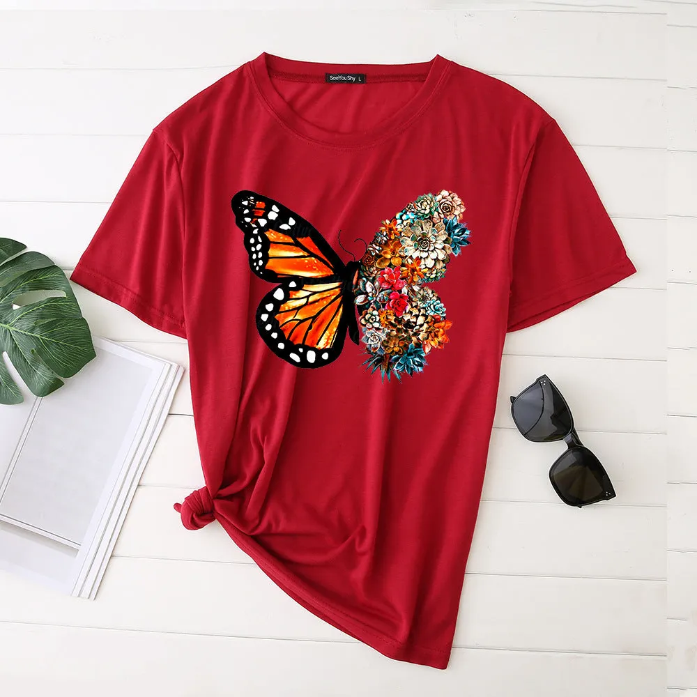 Butterfly print short-sleeved round neck fashion casual loose T-shirt