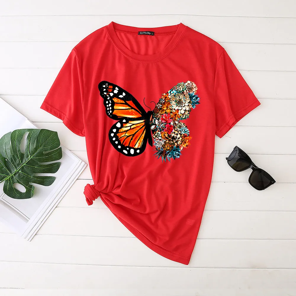 Butterfly print short-sleeved round neck fashion casual loose T-shirt