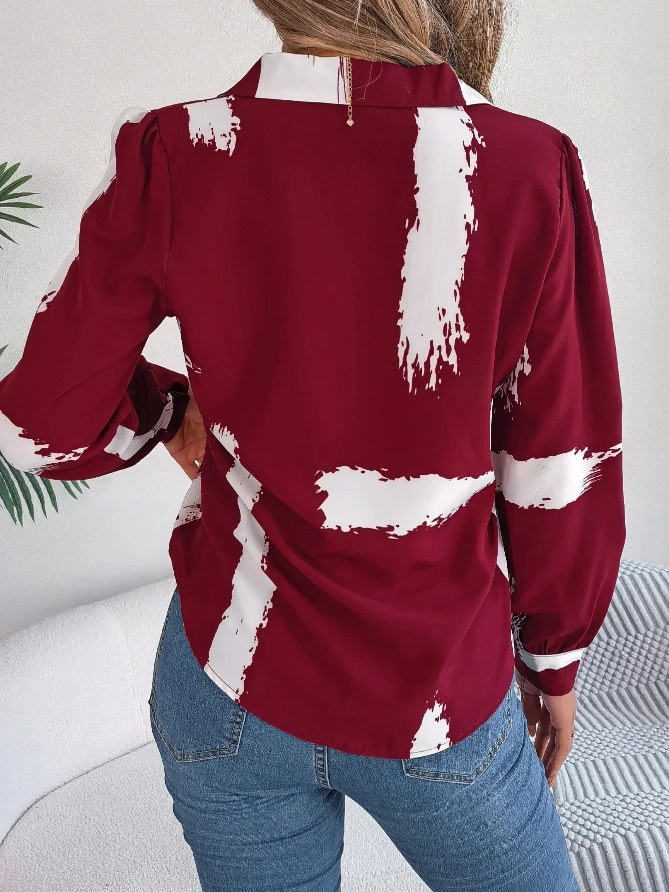 Button Print Work Front Long Office Women's Sleeve Brush Elegant Blouse