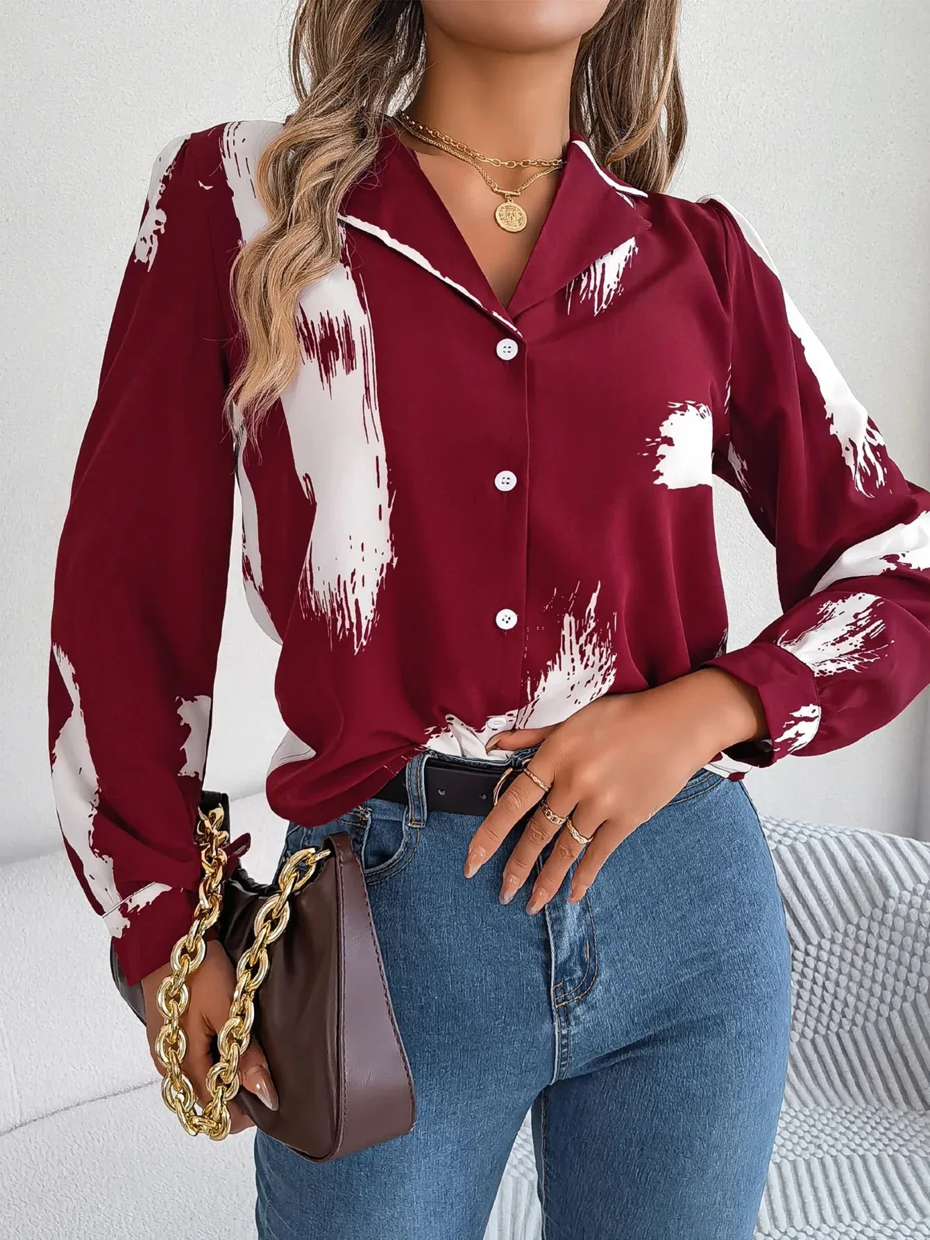 Button Print Work Front Long Office Women's Sleeve Brush Elegant Blouse