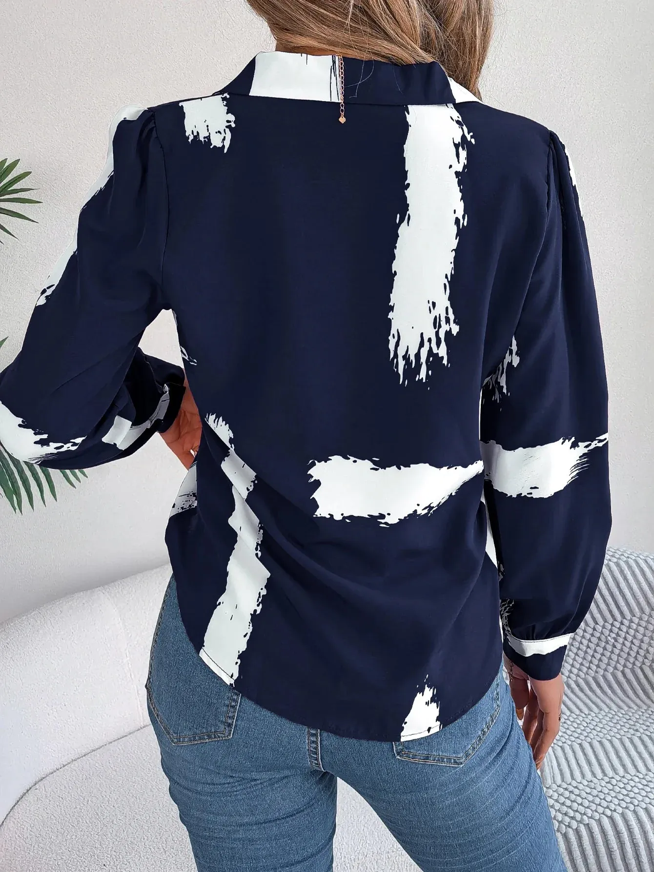 Button Print Work Front Long Office Women's Sleeve Brush Elegant Blouse