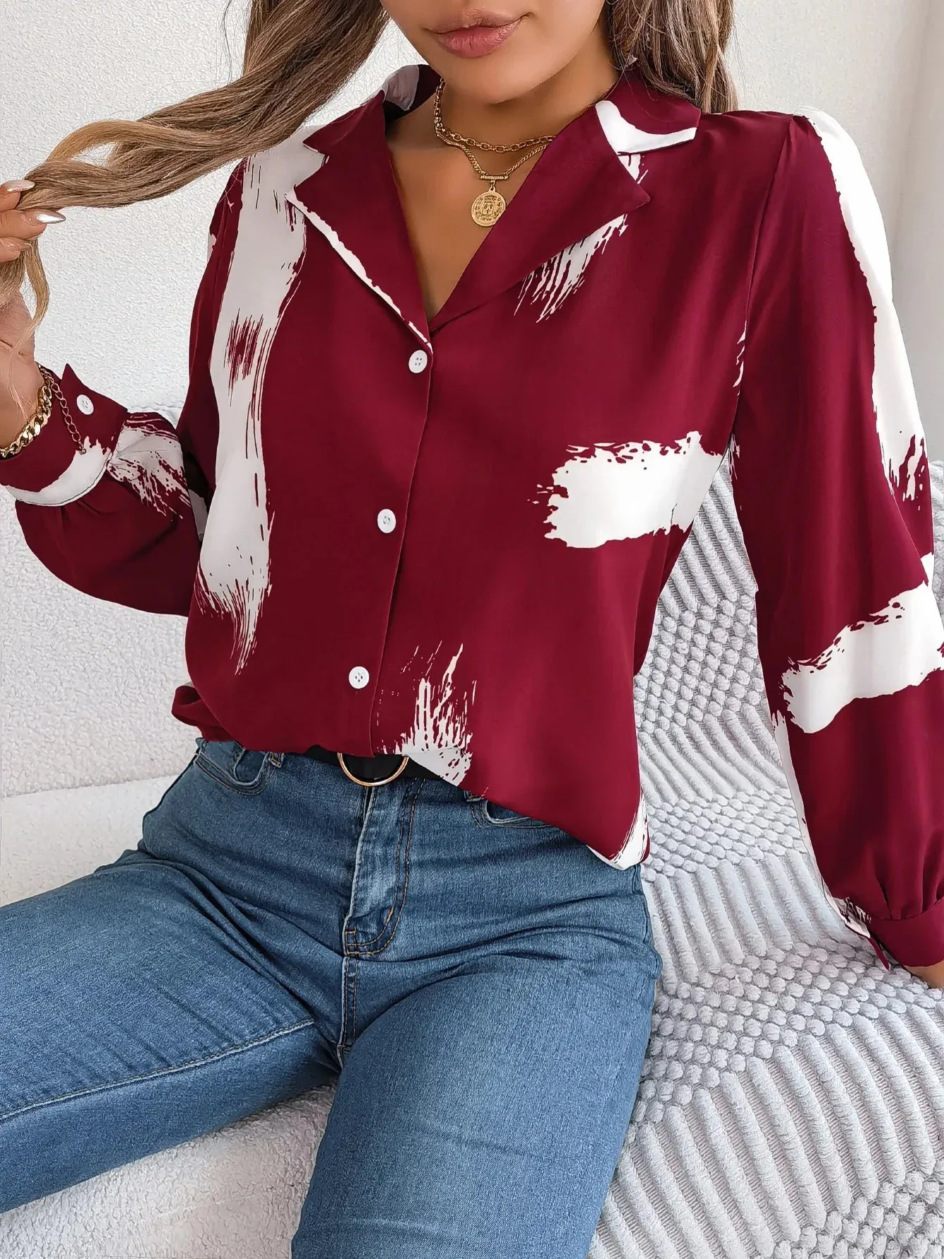 Button Print Work Front Long Office Women's Sleeve Brush Elegant Blouse