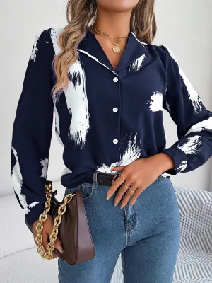 Button Print Work Front Long Office Women's Sleeve Brush Elegant Blouse