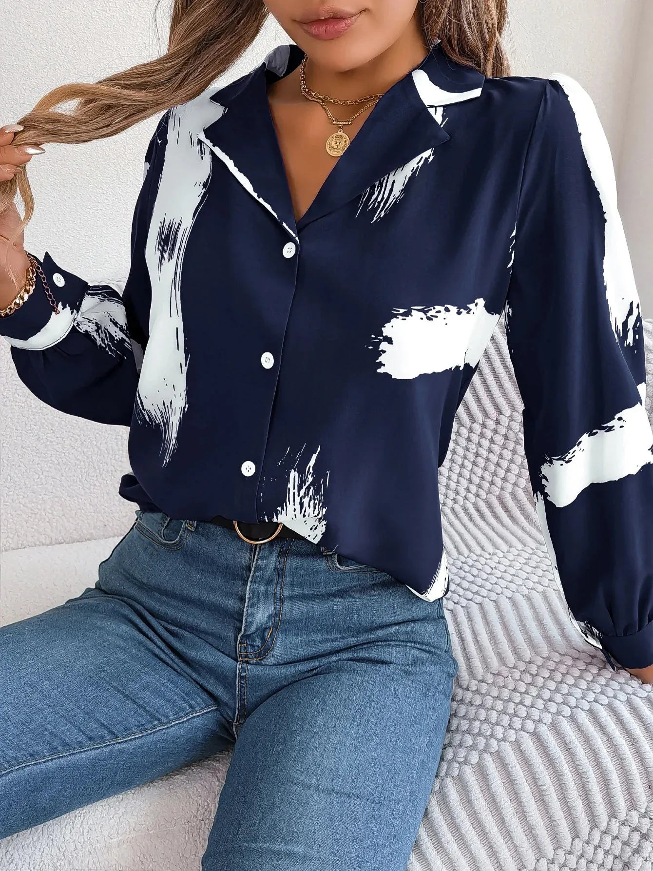 Button Print Work Front Long Office Women's Sleeve Brush Elegant Blouse
