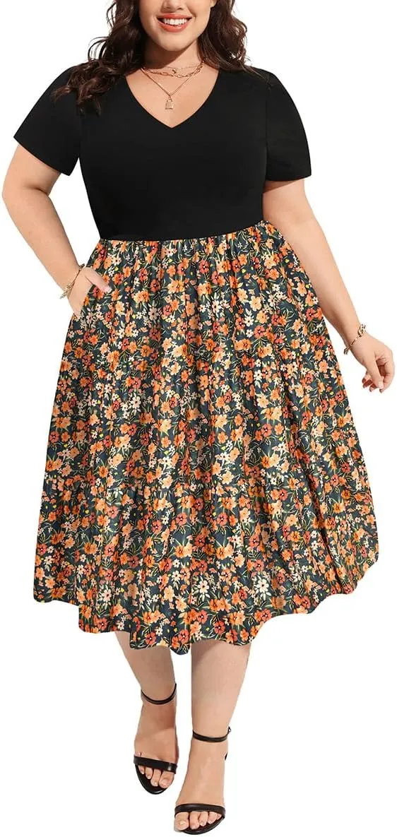 CARCOS Plus Size Dresses for Women Summer Short Sleeve V Neck Patchwork Dresseses XL-5XL