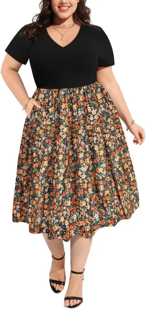 CARCOS Plus Size Dresses for Women Summer Short Sleeve V Neck Patchwork Dresseses XL-5XL