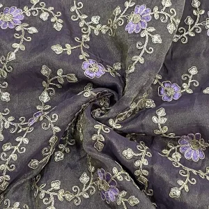 Classic Purple Floral Zari Embroidery Tissue Organza Fabric