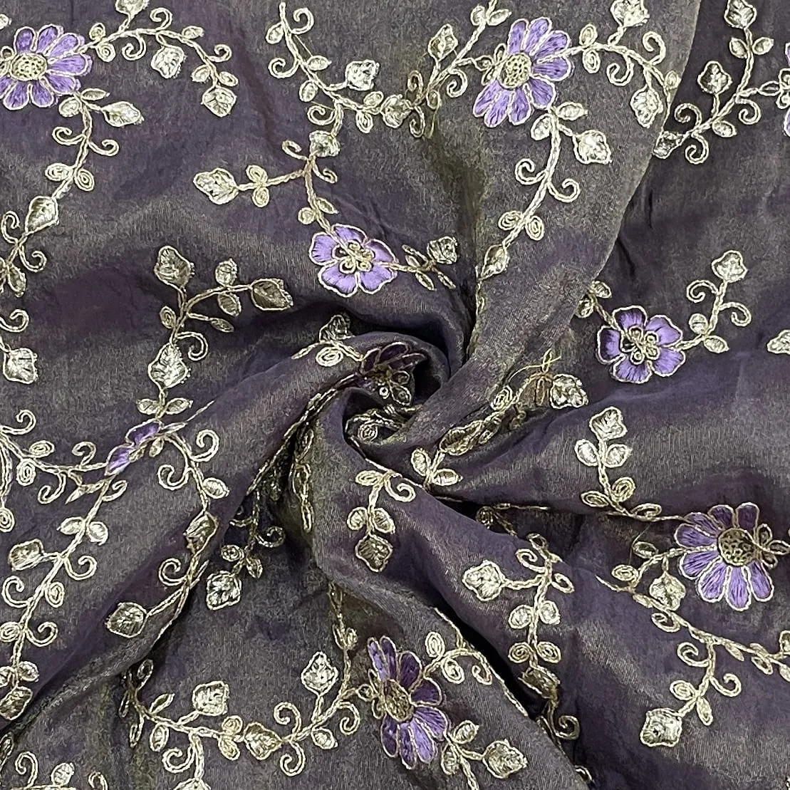 Classic Purple Floral Zari Embroidery Tissue Organza Fabric