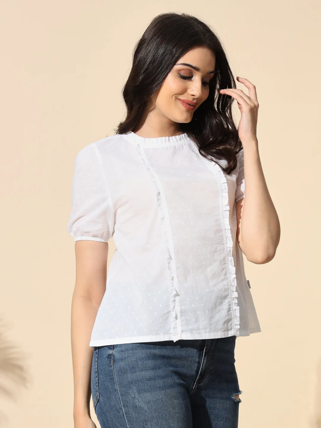 Cotton Dobby Top With Frill and Ruffle-#TP011- White