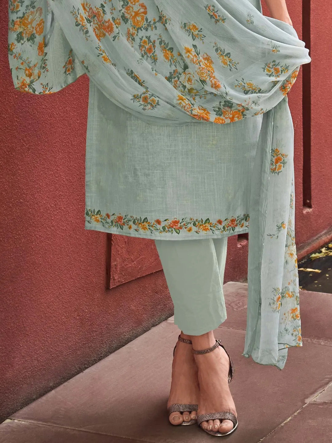 Cotton Linen Grey Printed Unstitched Suit Material