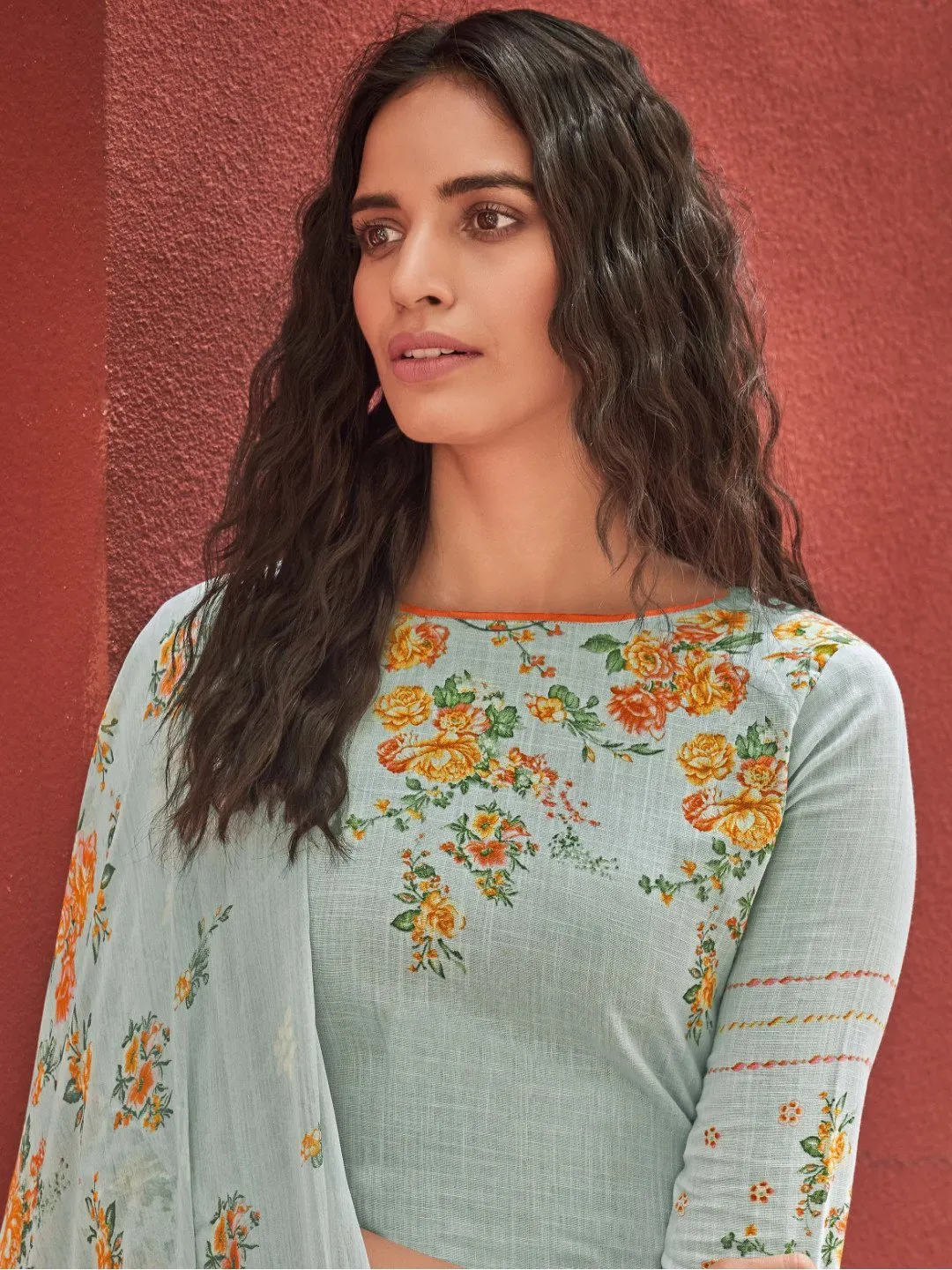 Cotton Linen Grey Printed Unstitched Suit Material