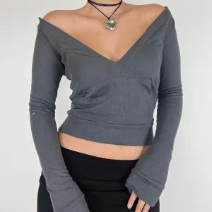 Deep V-Neck Long Sleeve Solid Color Slim Fit Female High Streetwear Sexy T-shirt