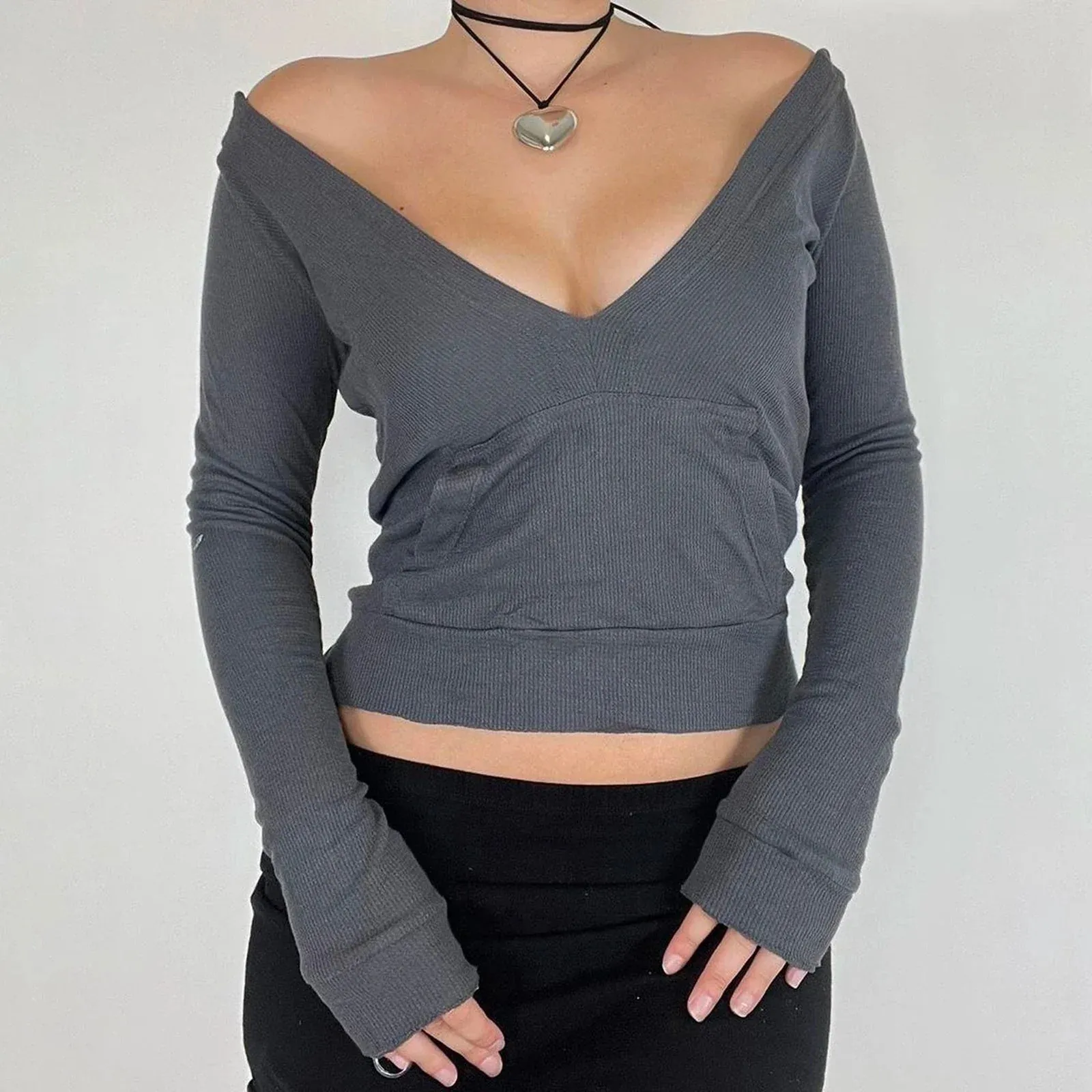 Deep V-Neck Long Sleeve Solid Color Slim Fit Female High Streetwear Sexy T-shirt