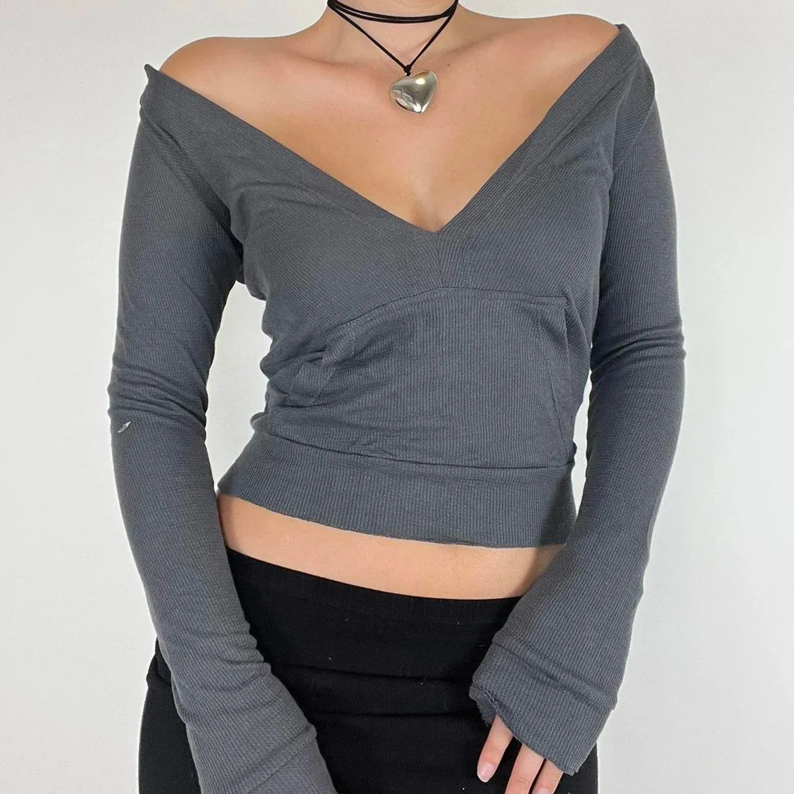 Deep V-Neck Long Sleeve Solid Color Slim Fit Female High Streetwear Sexy T-shirt