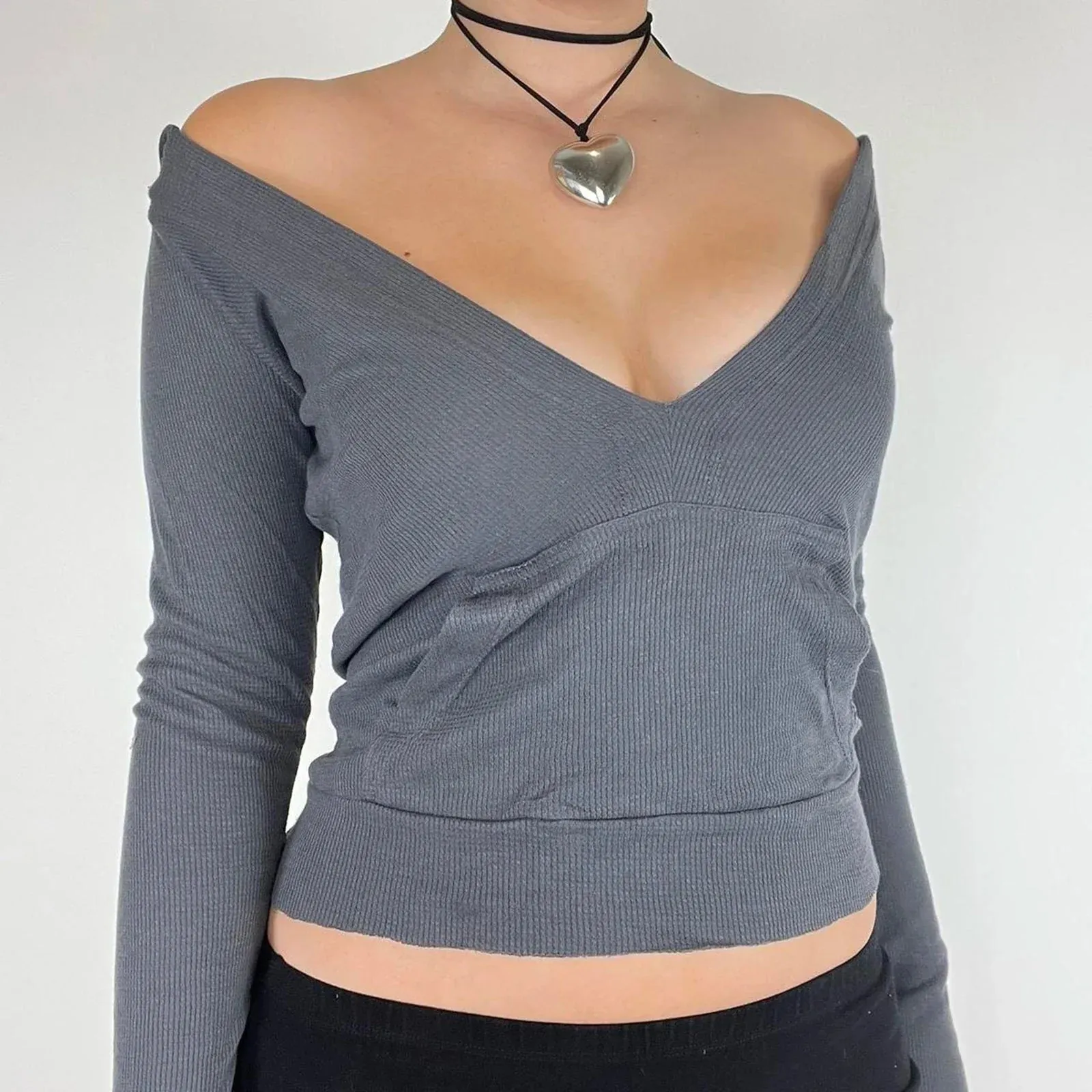 Deep V-Neck Long Sleeve Solid Color Slim Fit Female High Streetwear Sexy T-shirt