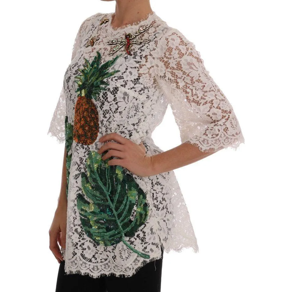 Dolce & Gabbana Elegant White Lace Embellished Mini Blouse