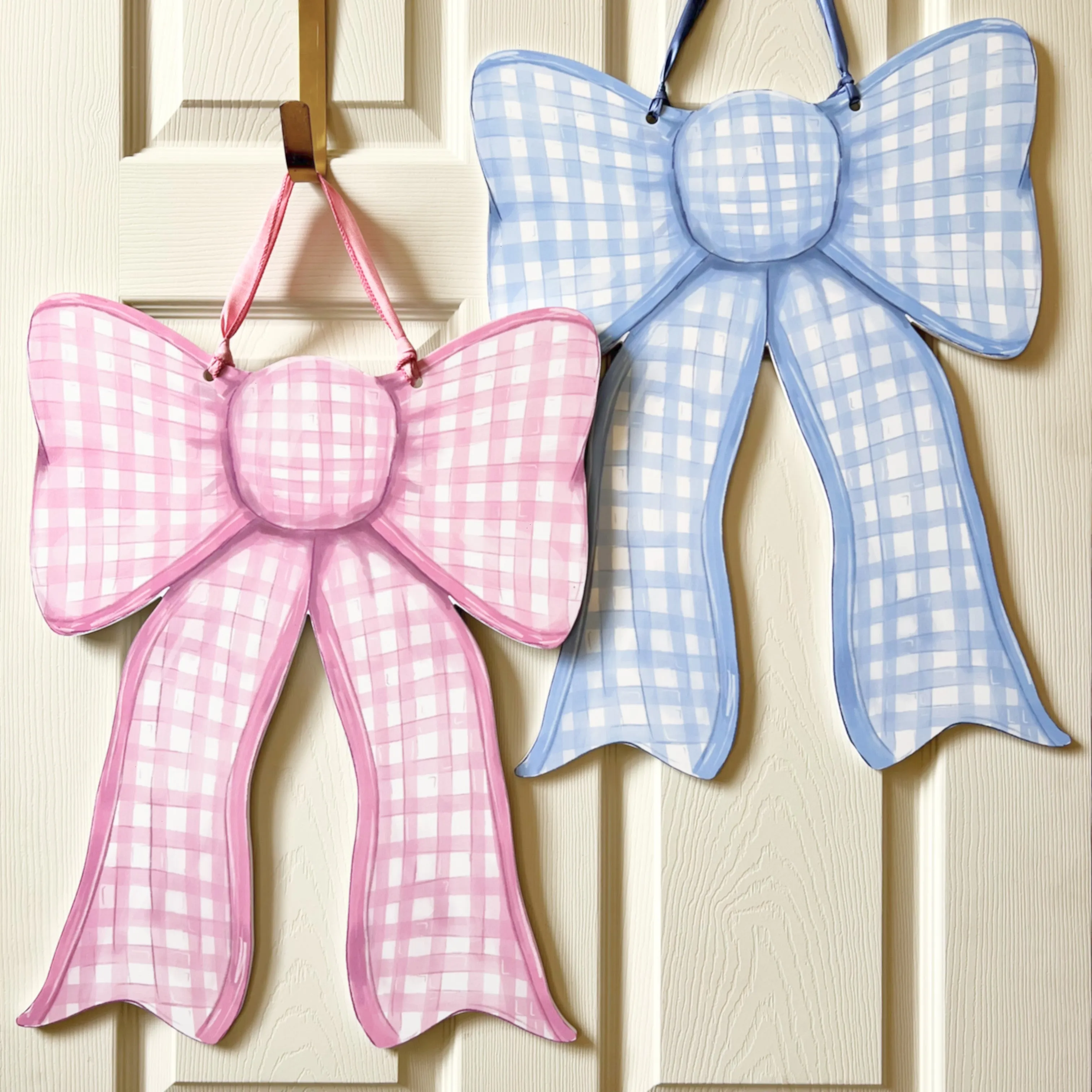 Double Sided Pink / Blue Gingham Bow Door Hanger