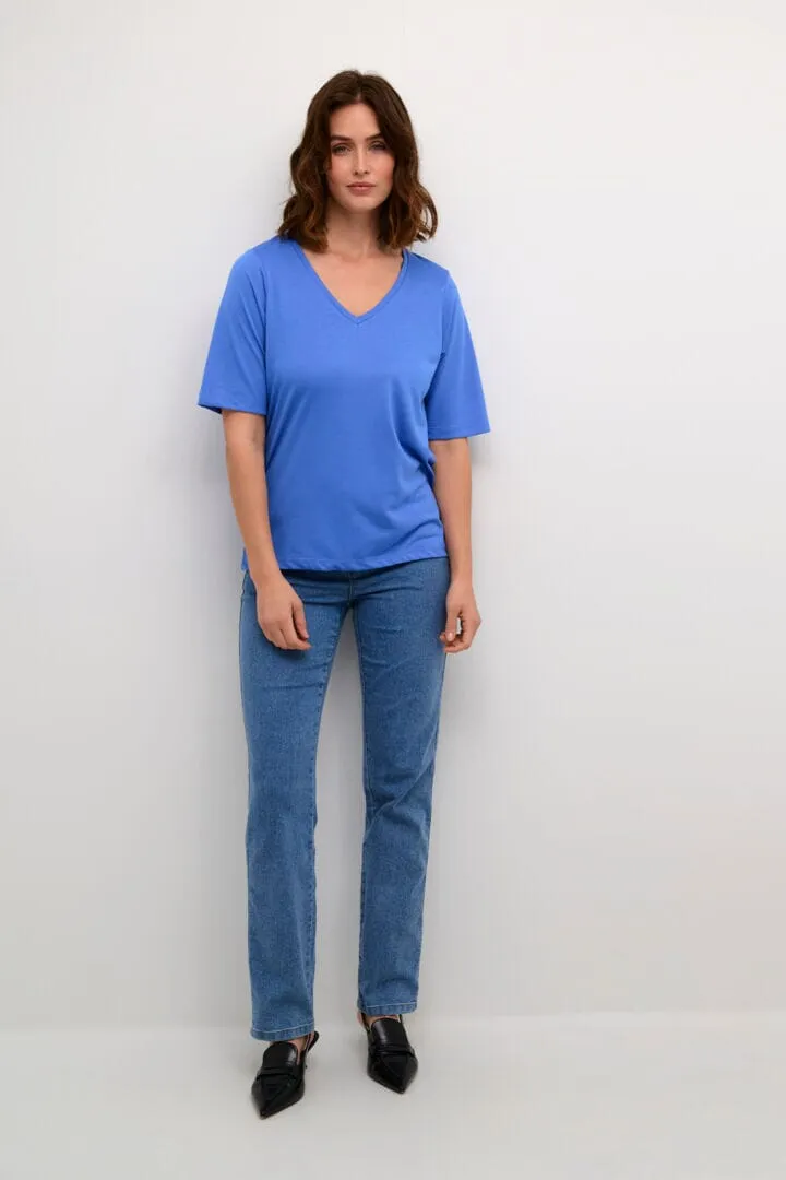 ELBOW SLEEVE V NECK BLUE T SHIRT