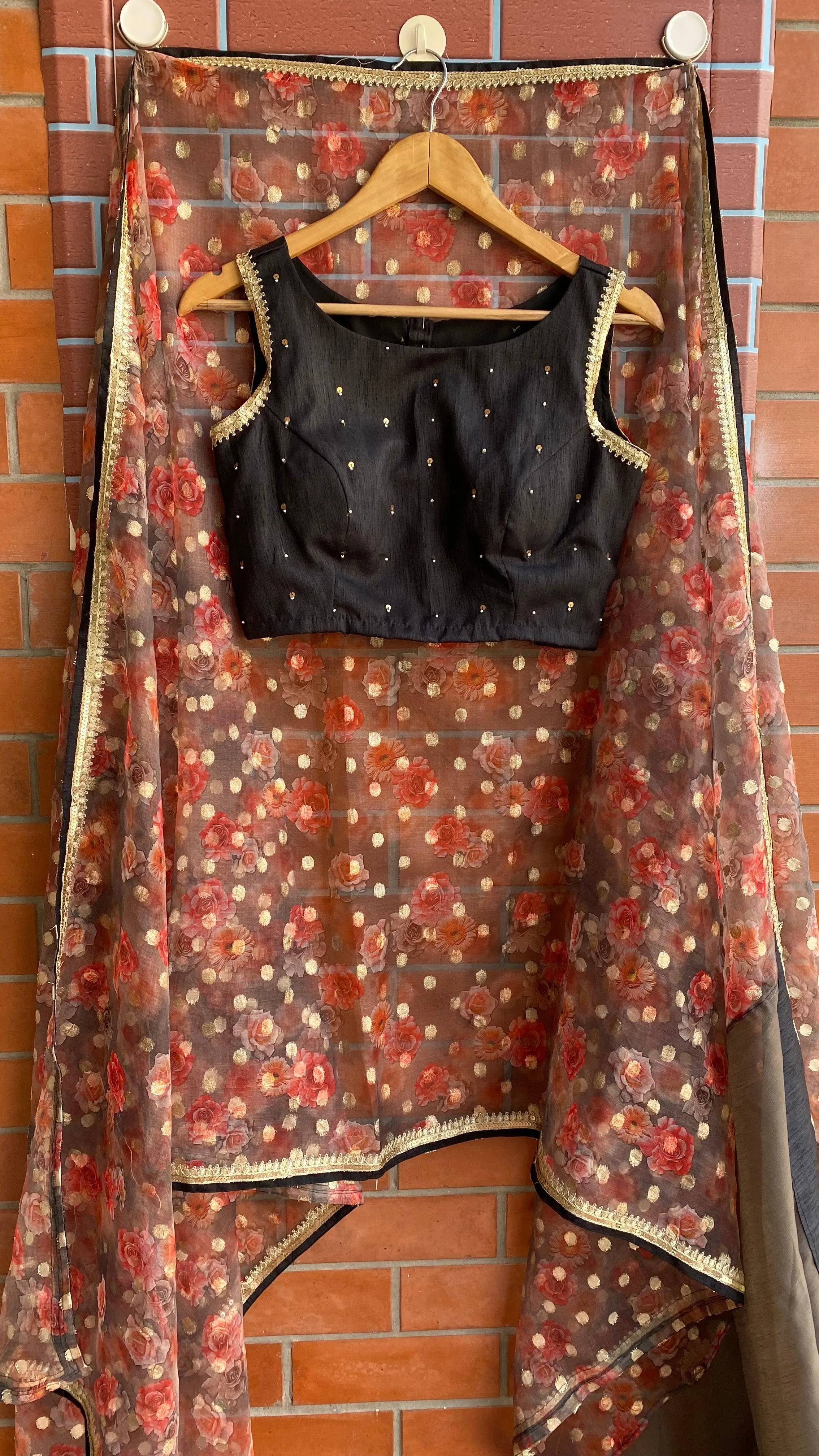Floral Butta organza Half and Half saree with stitched handworked Blouse