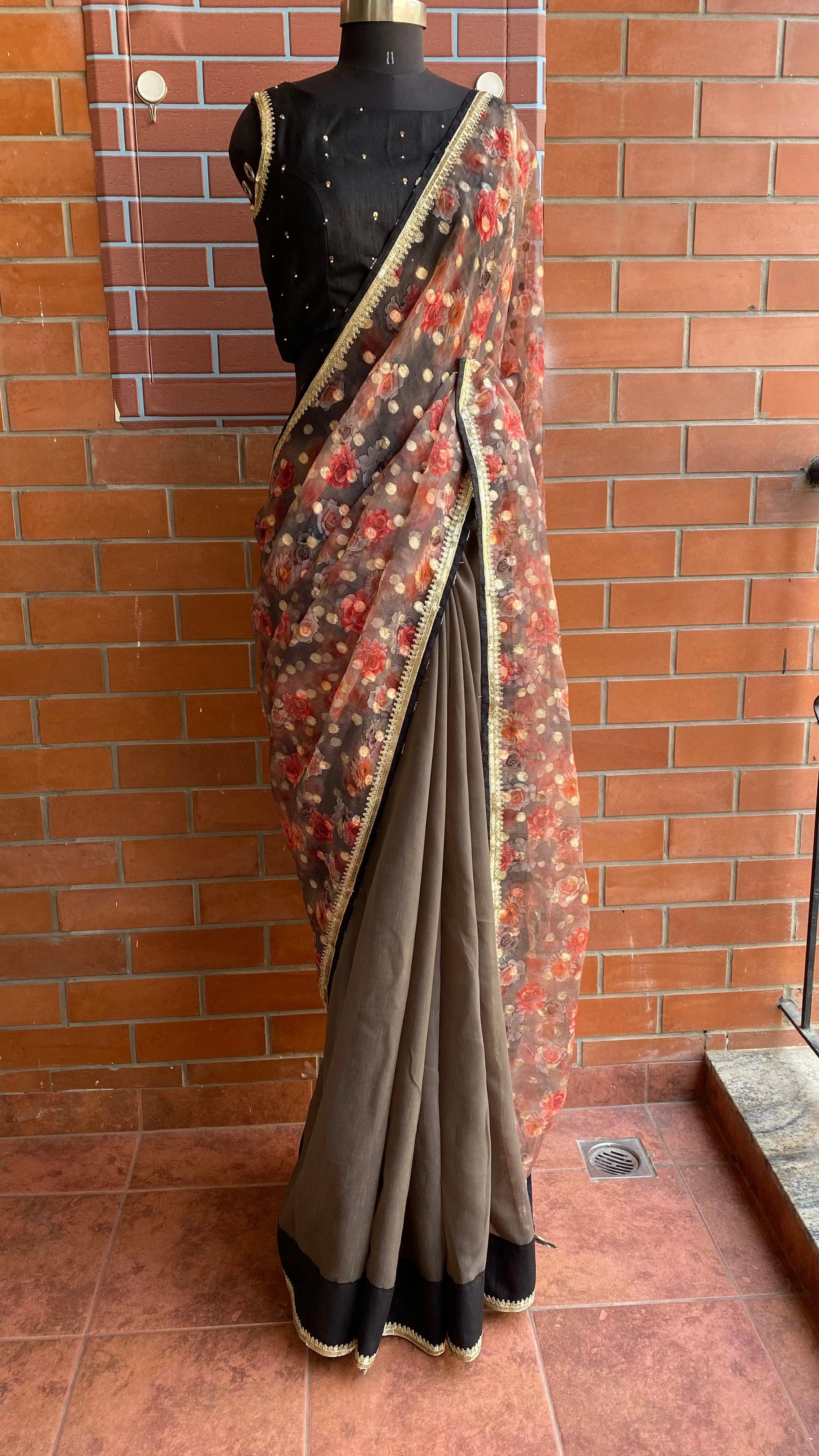 Floral Butta organza Half and Half saree with stitched handworked Blouse