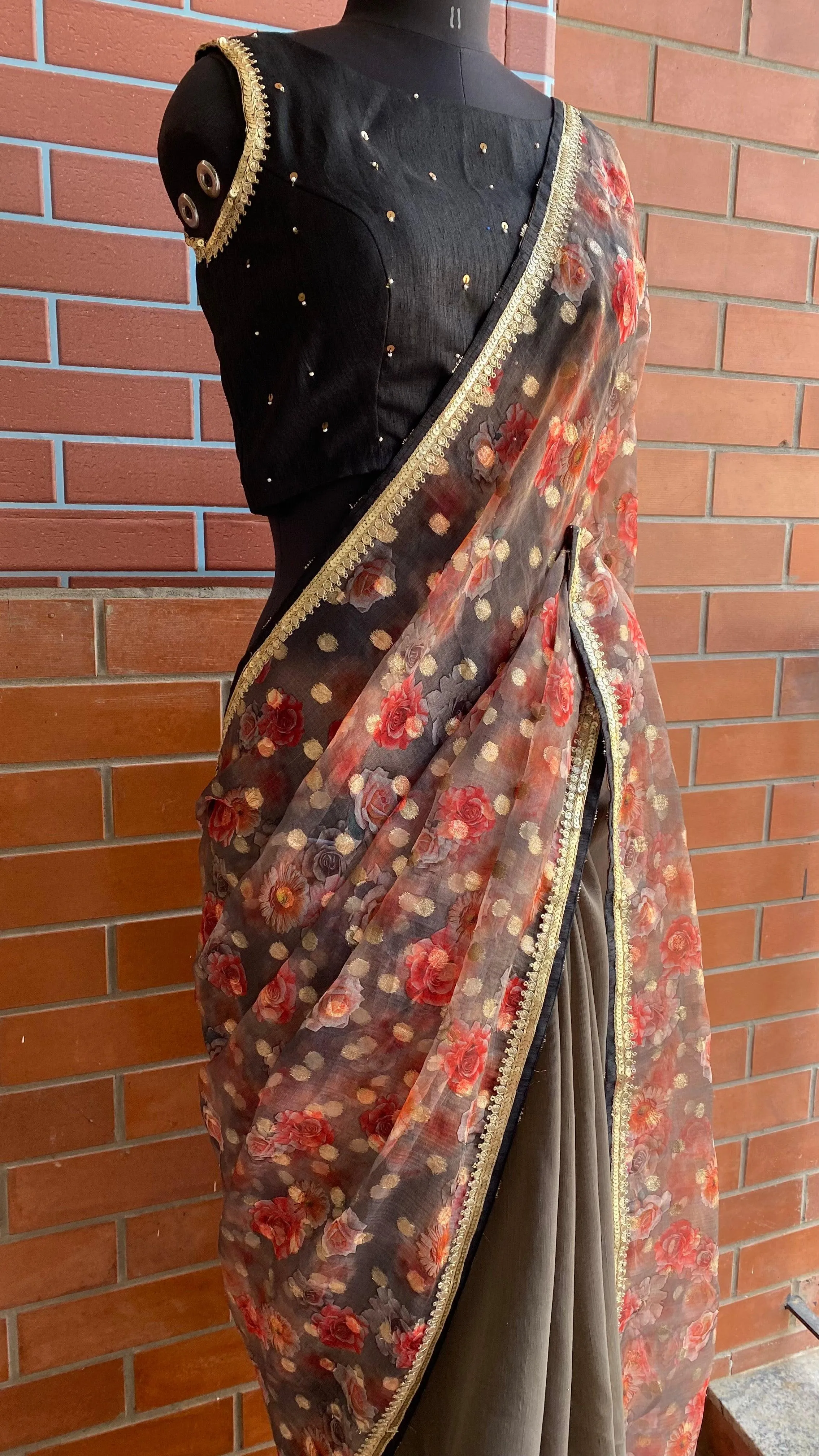 Floral Butta organza Half and Half saree with stitched handworked Blouse