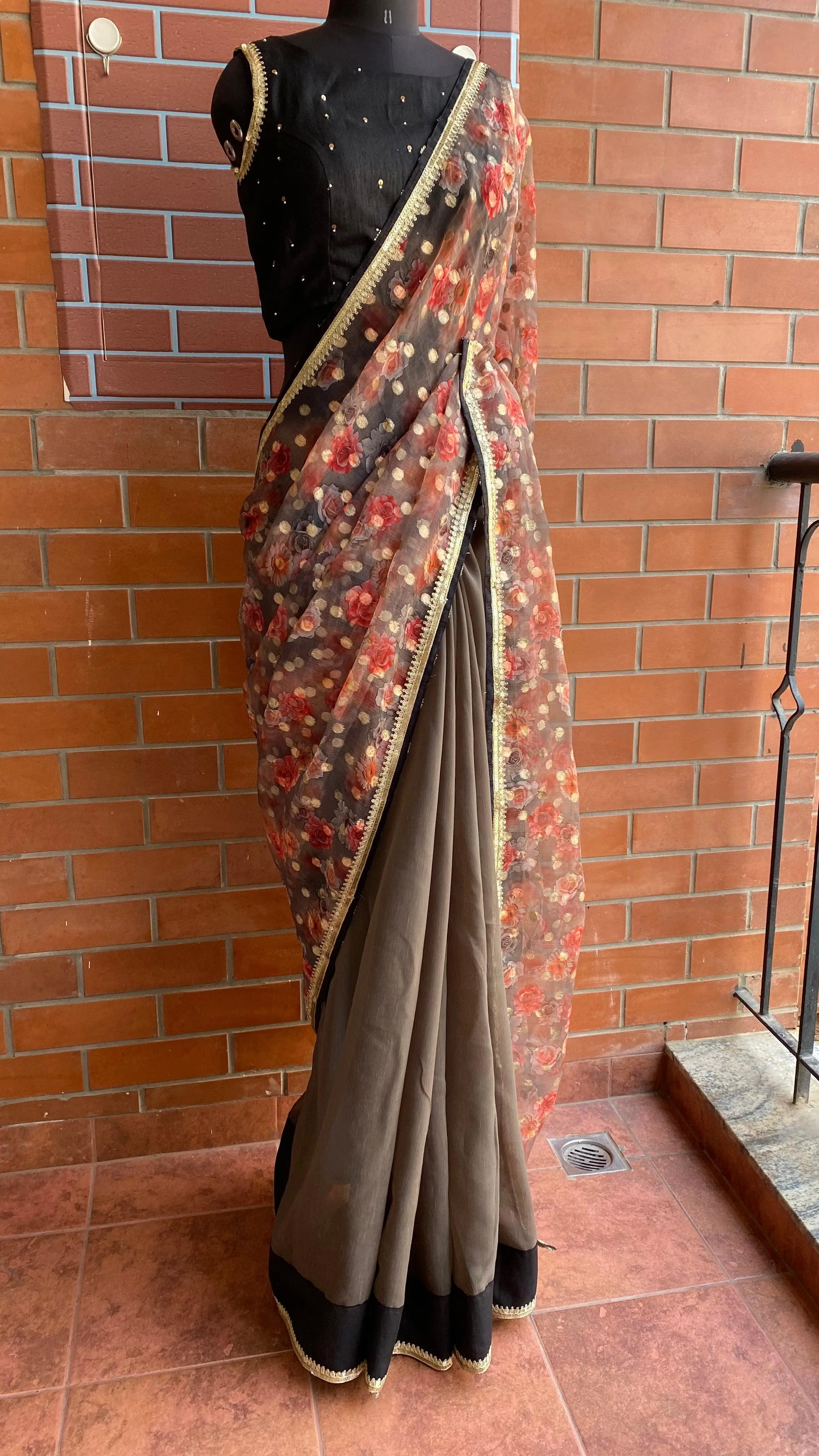 Floral Butta organza Half and Half saree with stitched handworked Blouse