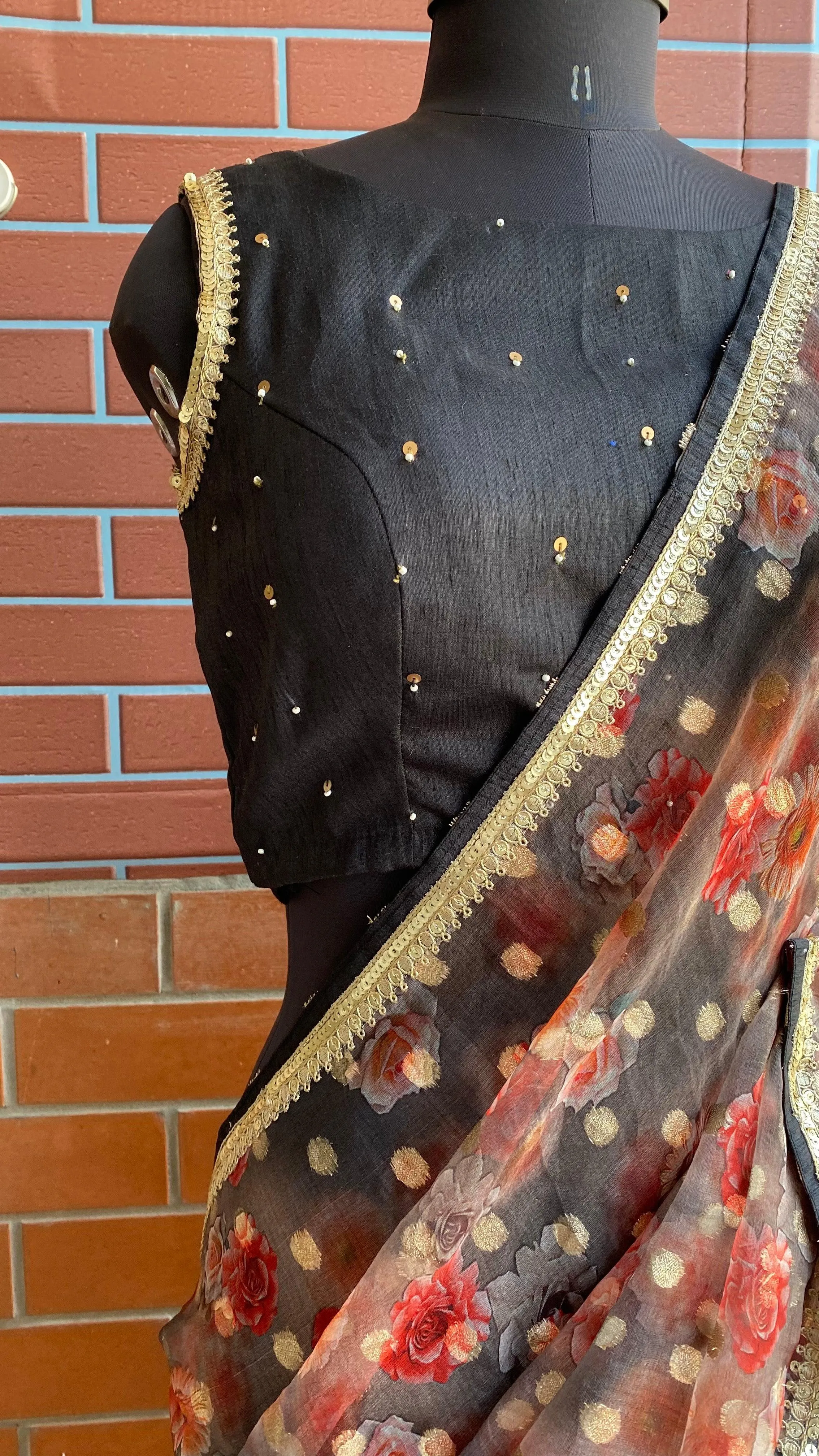 Floral Butta organza Half and Half saree with stitched handworked Blouse