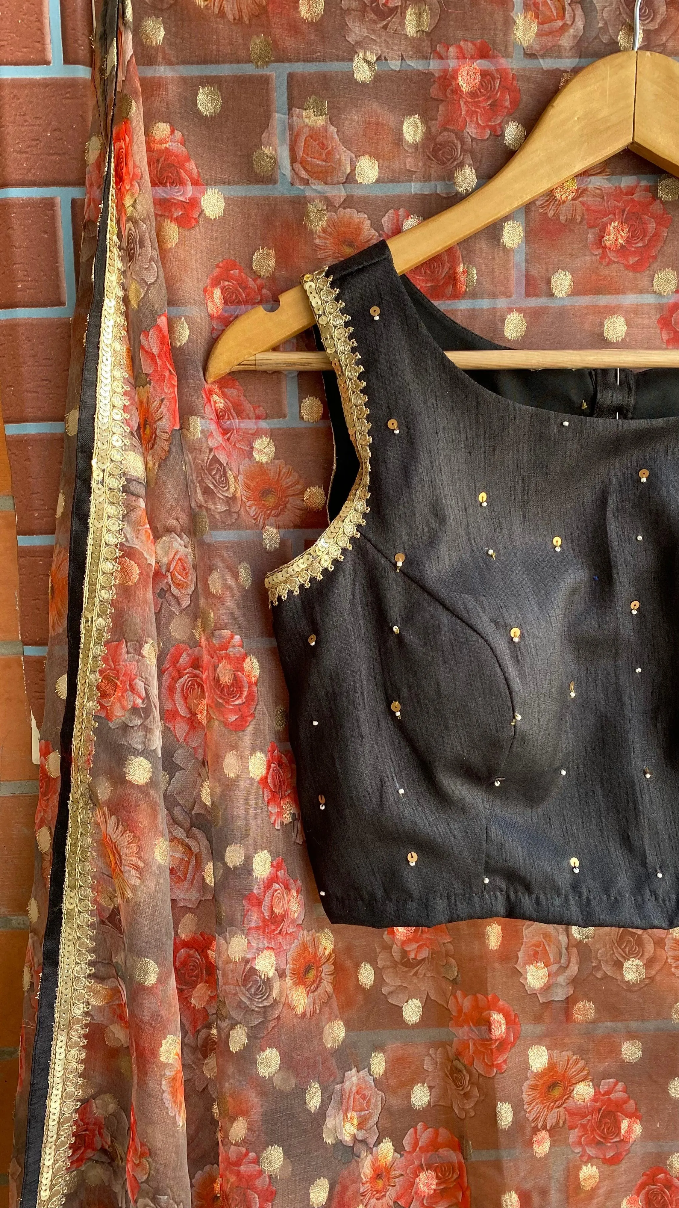 Floral Butta organza Half and Half saree with stitched handworked Blouse