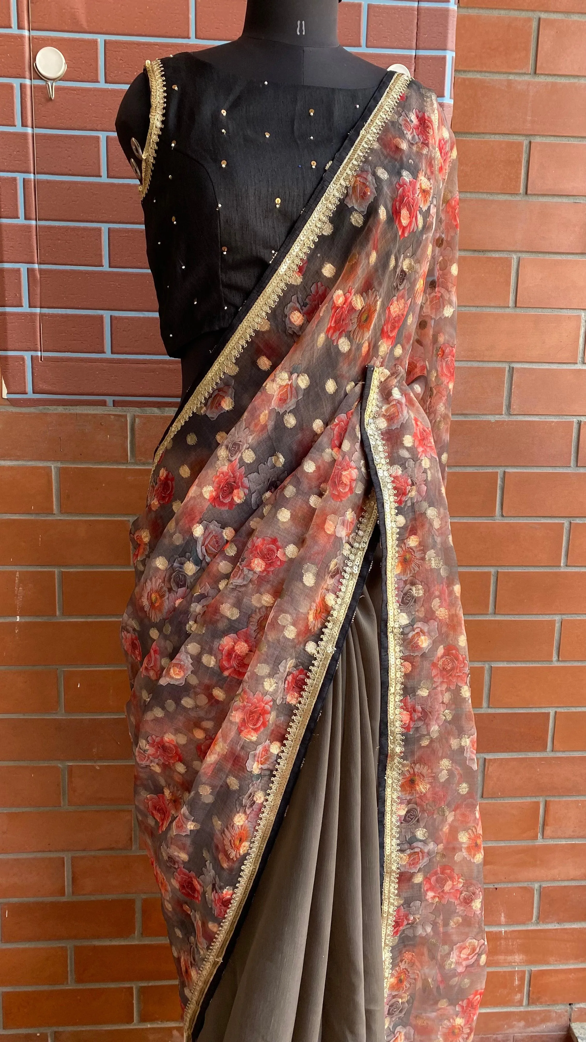 Floral Butta organza Half and Half saree with stitched handworked Blouse