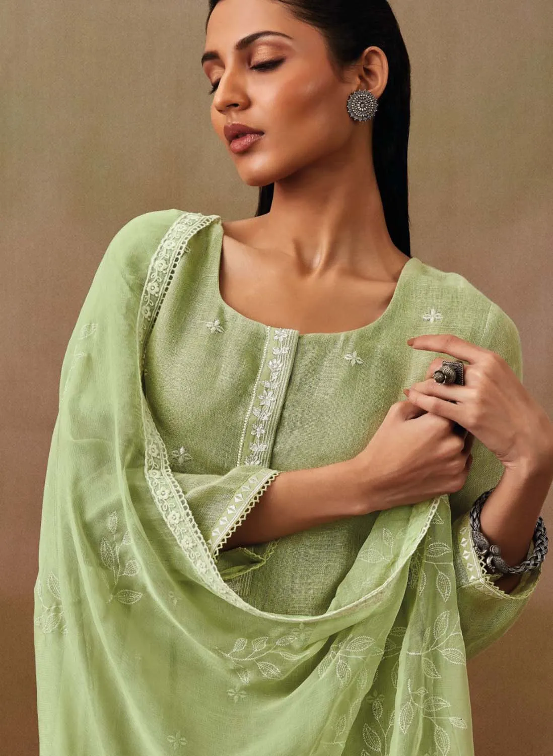 Ganga Green Cotton Linen Unstitched Suit Material with Chiffon Dupatta