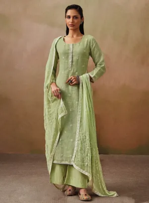 Ganga Green Cotton Linen Unstitched Suit Material with Chiffon Dupatta