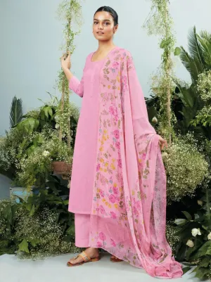 Ganga Premium Cotton Linen Unstitched Pink Women Suit Material