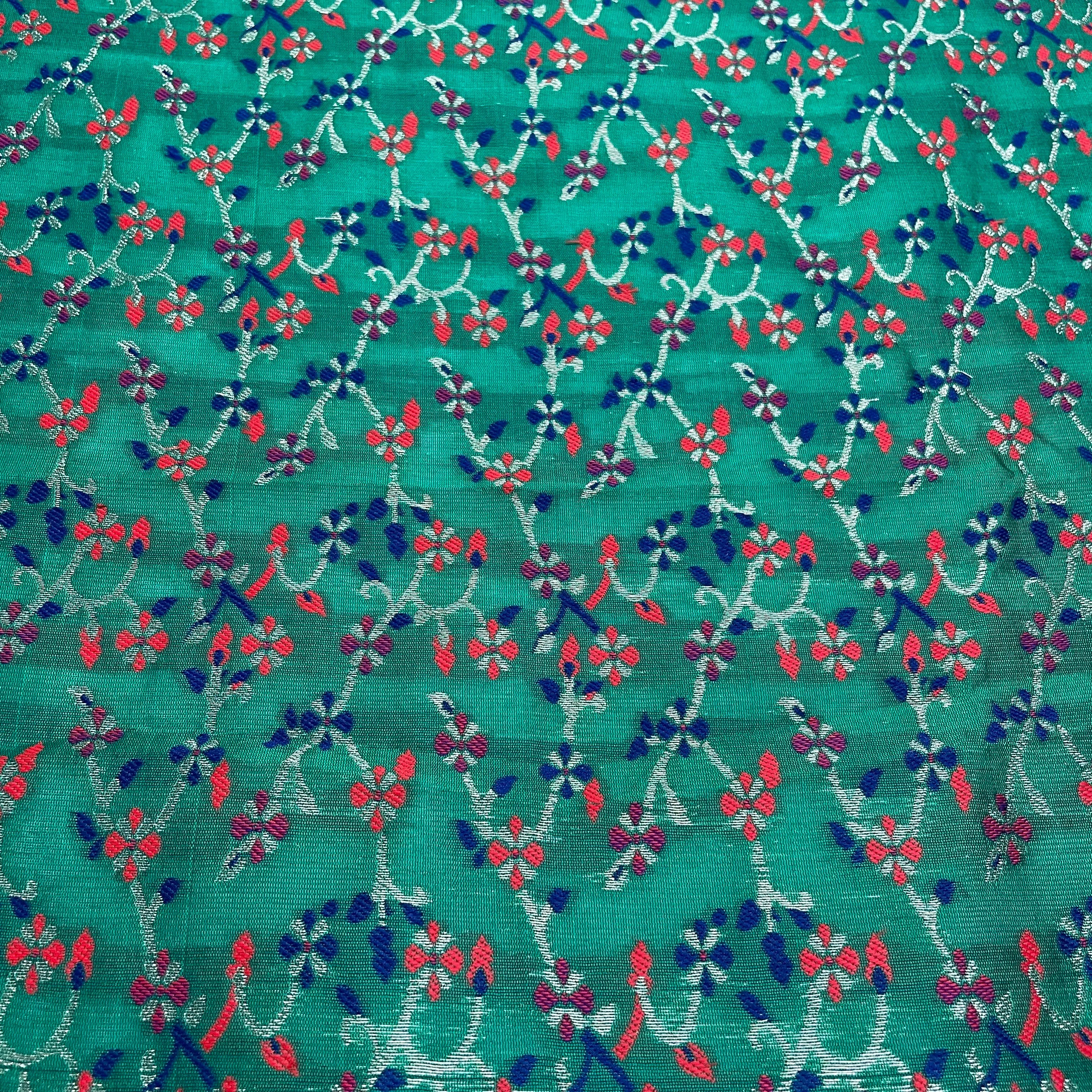 Green & Multicolor Floral Foil Brocade Fabric