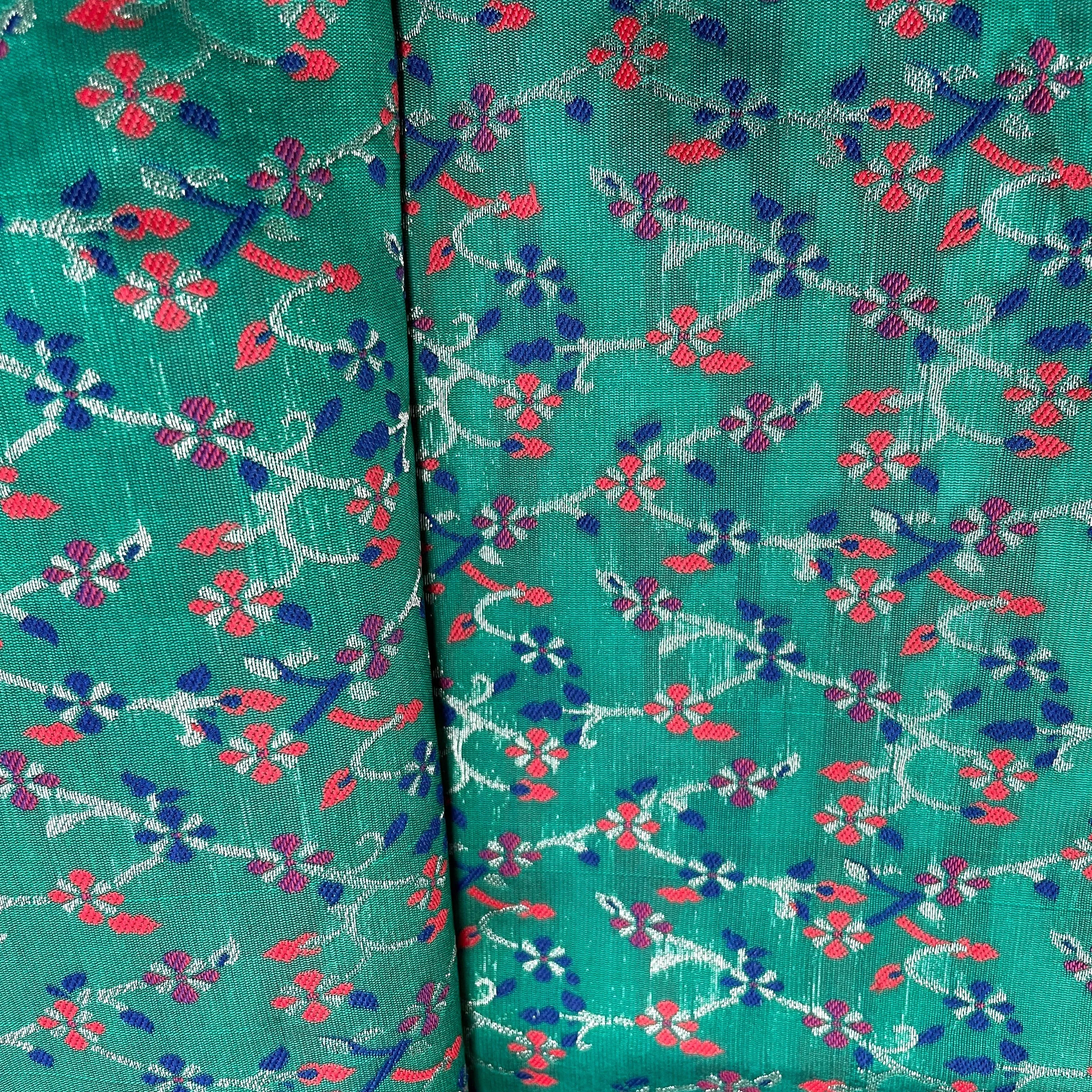 Green & Multicolor Floral Foil Brocade Fabric