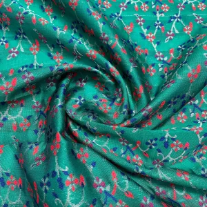 Green & Multicolor Floral Foil Brocade Fabric
