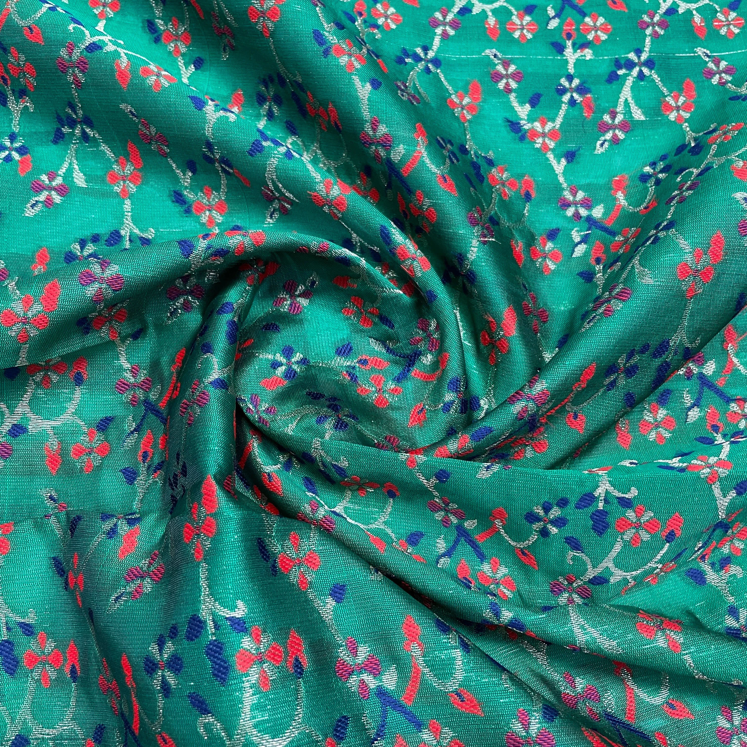 Green & Multicolor Floral Foil Brocade Fabric
