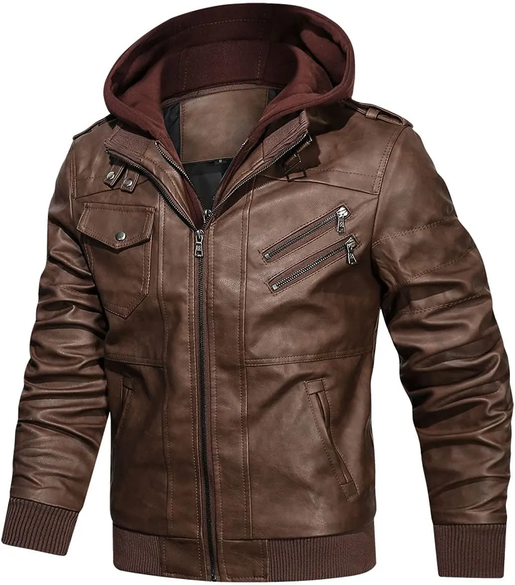 HOOD CREW Mens Casual Stand Collar PU Faux Leather Zip-Up Motorcycle Bomber Jacket With a Removable Hood